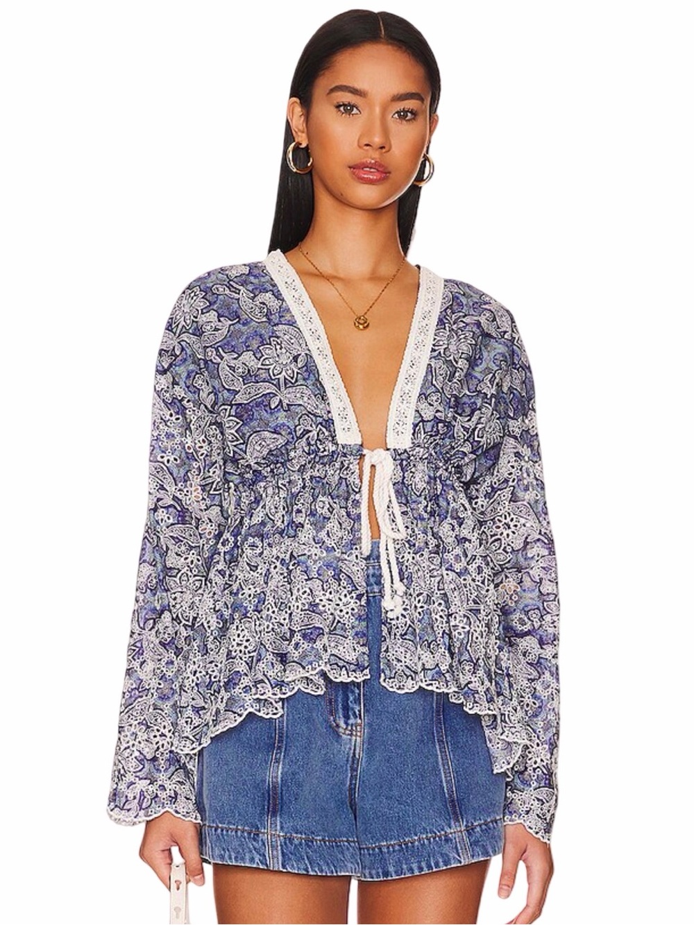 Free People Anissa Bed Jacket Size Medium Blue Combo Eyelet Lace Bohemian